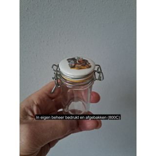 Voorraadpotje met Ezel met mand, Glas-porselein 7x4x8.5cm