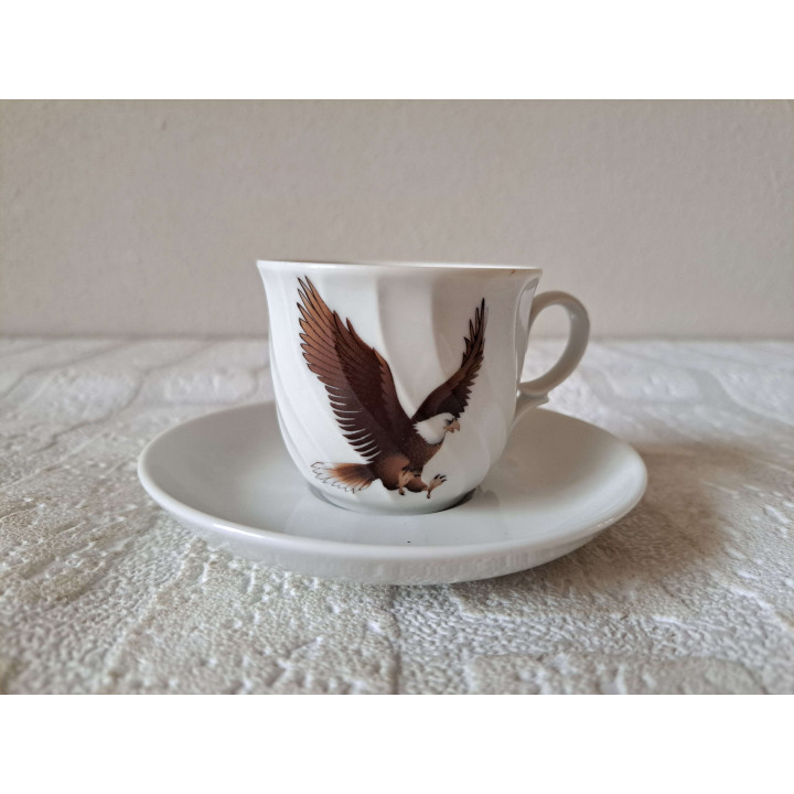 Kop en schotel met Adelaar vogel, porselein D11x67cm - handgemaakt