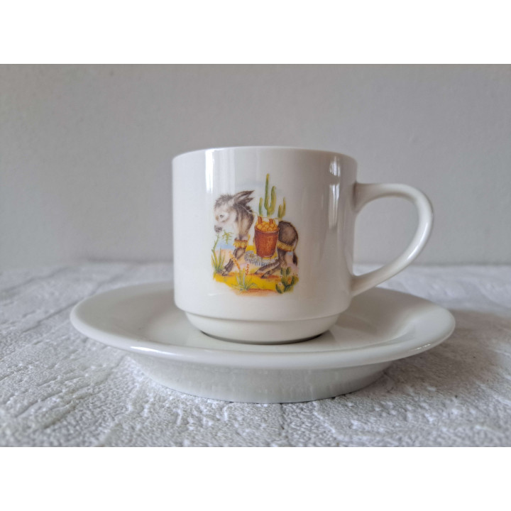 Kop en schotel met Ezel met mand, porselein D14x7.5cm - handgemaakt