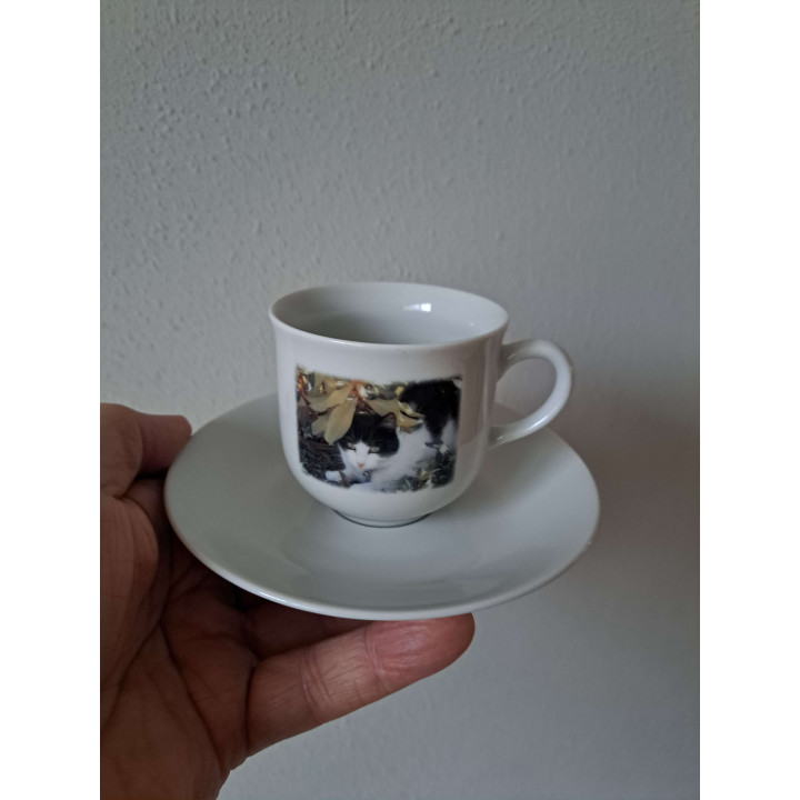 Kop en schotel Poes tussen de struiken porselein D13.5x7.5cm - handgemaakt