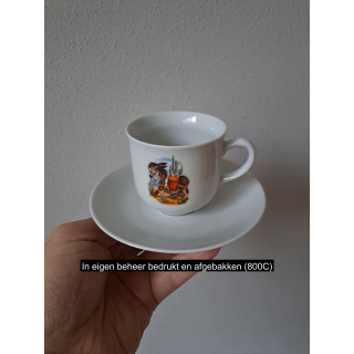 Kop en schotel Ezel met mand porselein D13.5x7.5cm