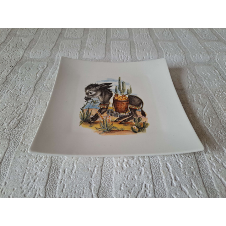 Vierkant ontbijtbord Ezel met mand, porselein 18x18x2cm - handgemaakt