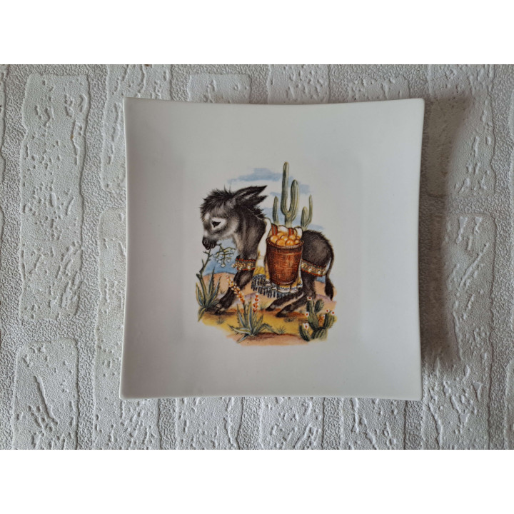 Vierkant ontbijtbord Ezel met mand, porselein 18x18x2cm - handgemaakt