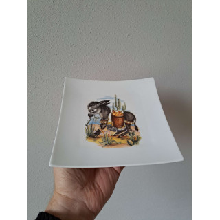 Vierkant ontbijtbord Ezel met mand, porselein 18x18x2cm