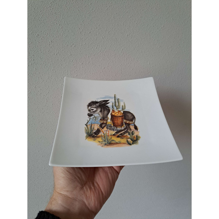 Vierkant ontbijtbord Ezel met mand, porselein 18x18x2cm