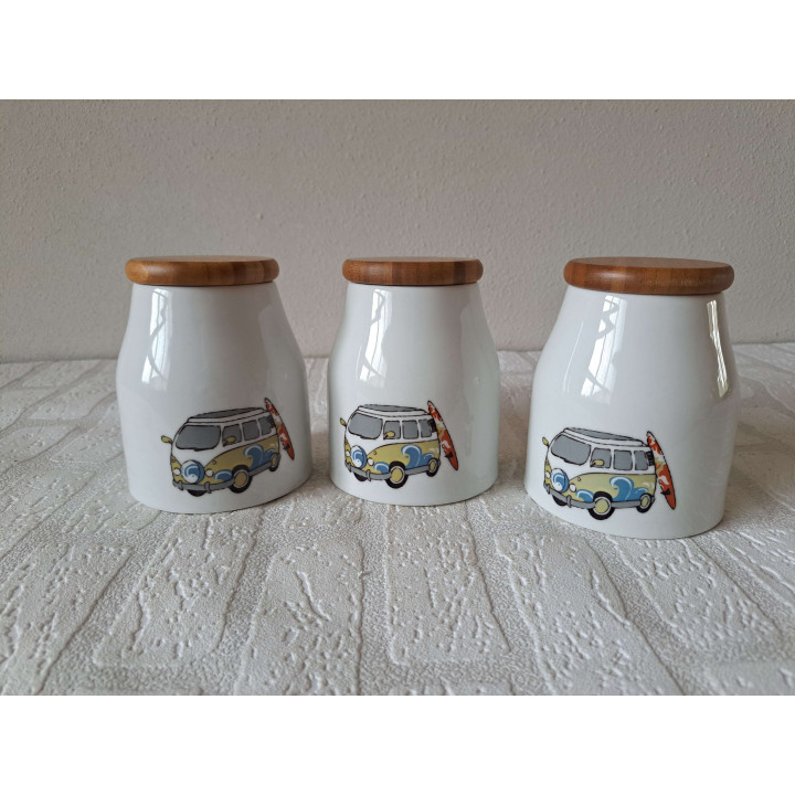 Set voorraadpotten Volkswagen surfplank, porselein D10xH12cm - handgemaakt