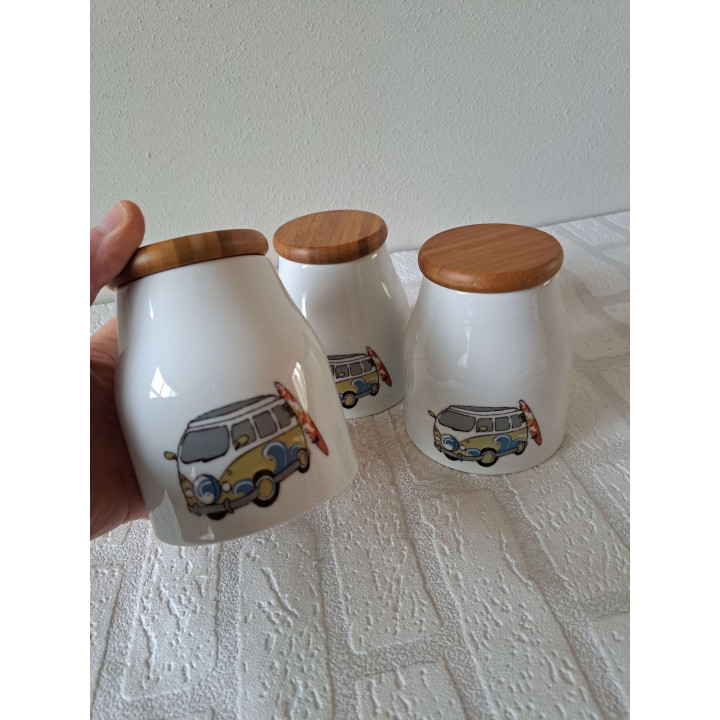 Set voorraadpotten Volkswagen surfplank, porselein D10xH12cm - handgemaakt