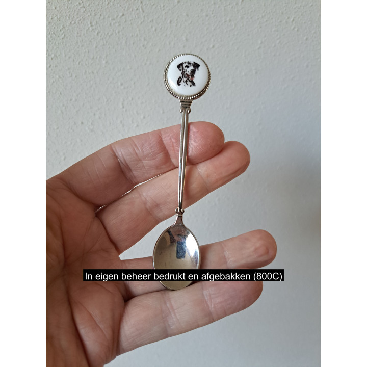 Theelepeltje met Dalmatier hond, metaal - porselein 2x11.5cm