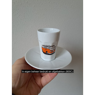 Kop en schotel Volkswagen bus, porselein D12.5xH8cm oranje