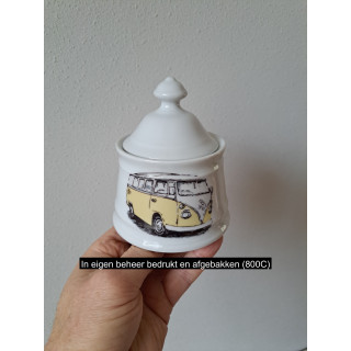 Suikerpotje met gele Volkswagen bus, porselein D10xH12cm