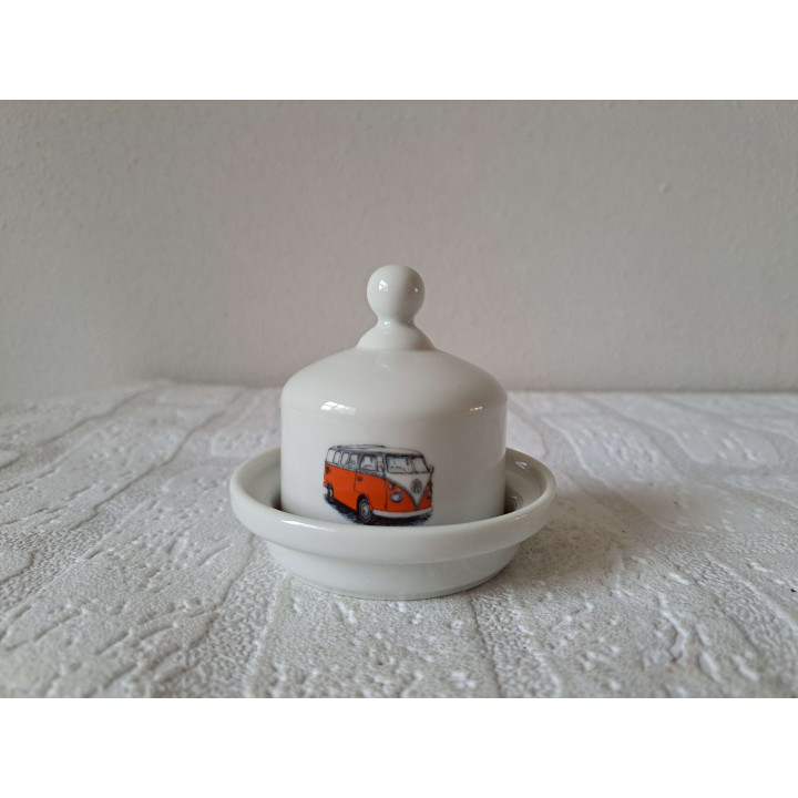 Botervlootje met oranje Volkswagen bus, porselein D8.5xH7cm - handgemaakt