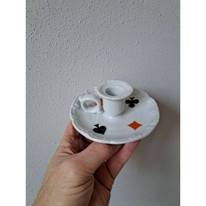 Kaarsenstandaard Speelkaarten symbolen, porselein D11.5xH4cm - handgemaakt