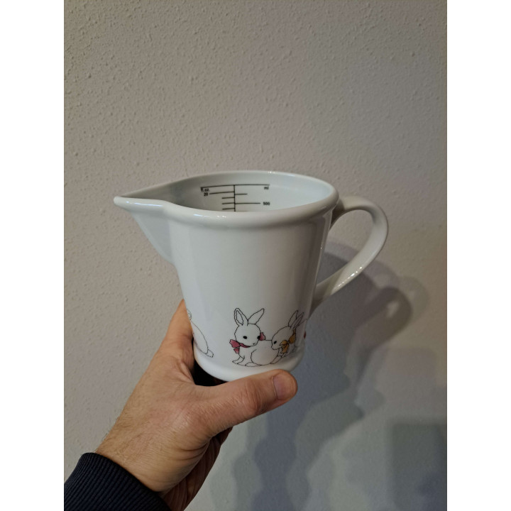 Maatbeker 600ml met konijnen, porselein 18.5x10.5x12.5cm - handgemaakt