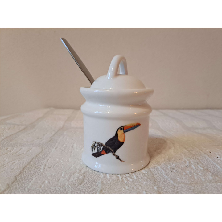 Suikerpot met lepel Toekan vogel, porselein D7xH10cm - handgemaakt