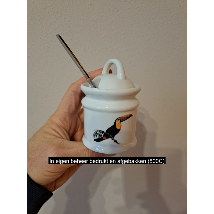 Suikerpot met lepel Toekan vogel, porselein D7xH10cm