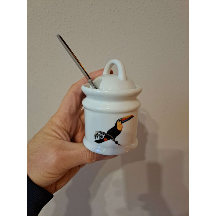 Suikerpot met lepel Toekan vogel, porselein D7xH10cm - handgemaakt