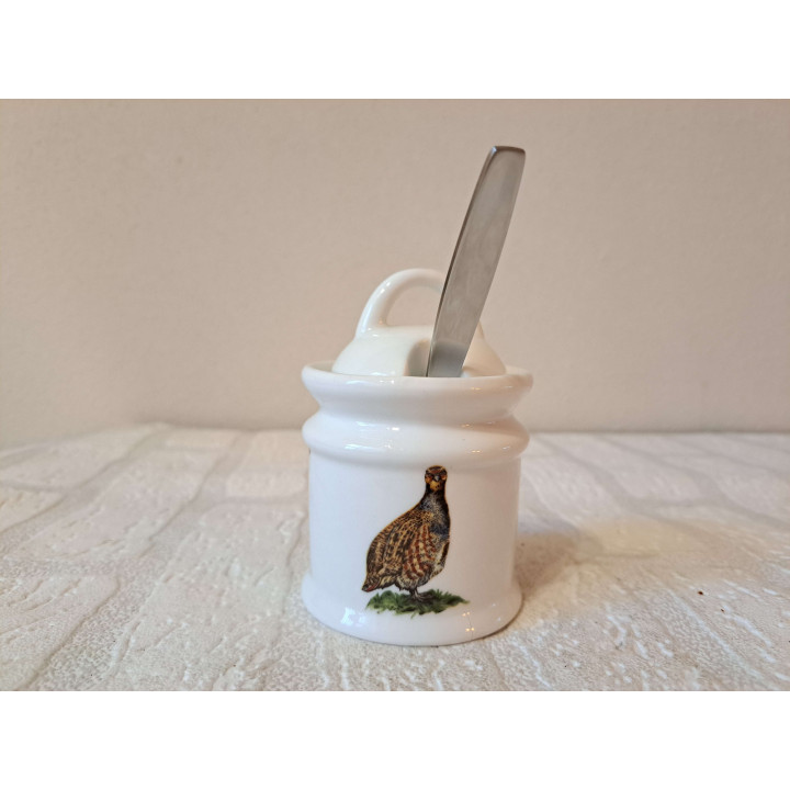 Suikerpot lepel patrijs, Farzanten vogel, porselein D7xH10cm - handgemaakt