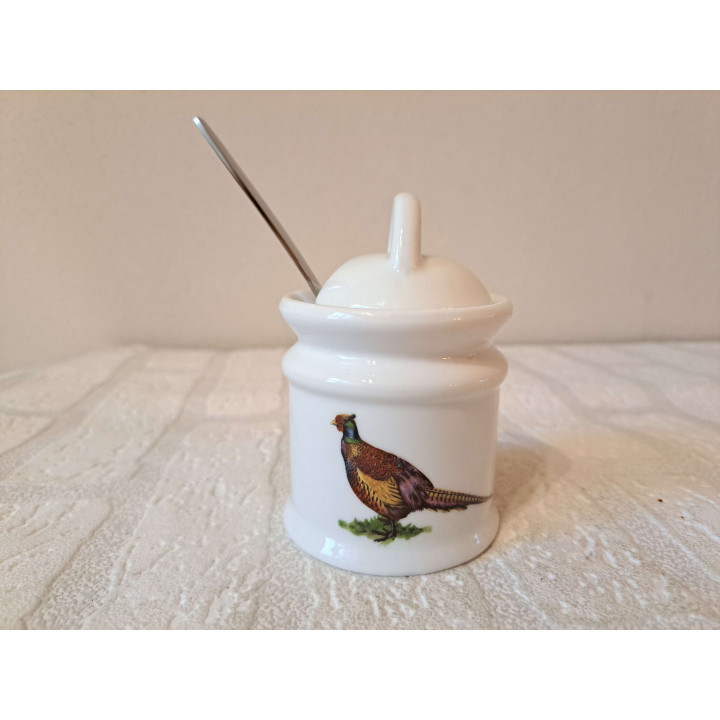 Suikerpot lepel patrijs, Farzanten vogel, porselein D7xH10cm - handgemaakt