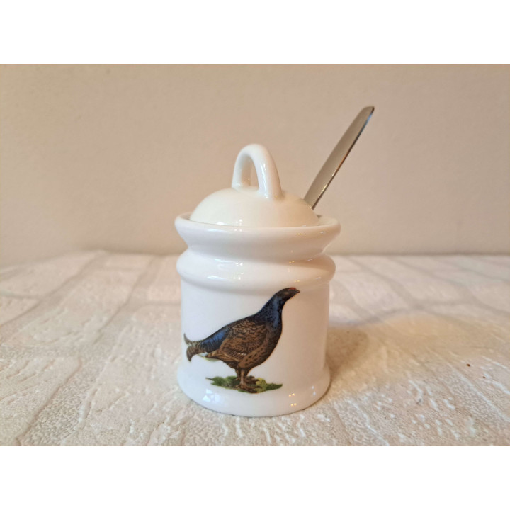 Suikerpot lepel patrijs, Farzanten vogel, porselein D7xH10cm - handgemaakt