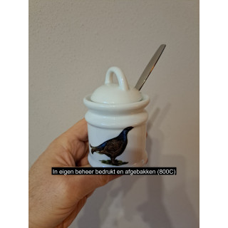 Suikerpot lepel patrijs, Farzanten vogel, porselein D7xH10cm