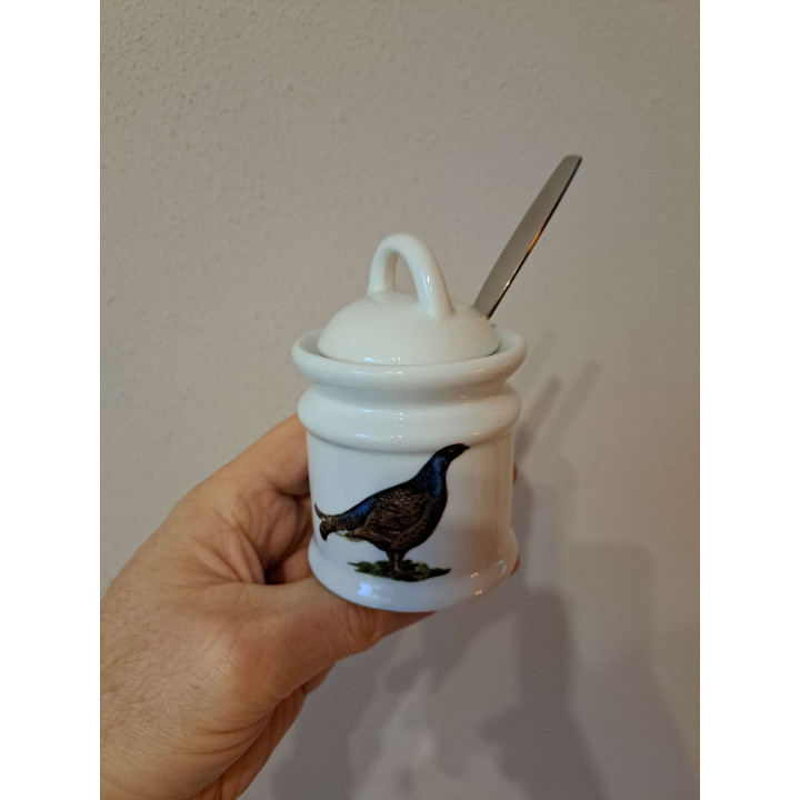 Suikerpot lepel patrijs, Farzanten vogel, porselein D7xH10cm - handgemaakt