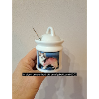 Suikerpot met lepel met Chihuahua hond, porselein D7xH10cm