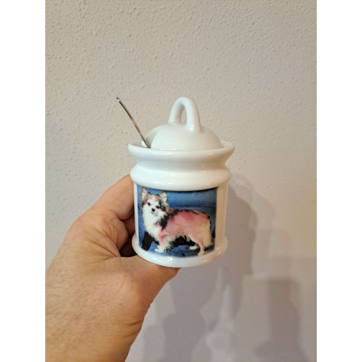 Suikerpot met lepel met Chihuahua hond, porselein D7xH10cm - handgemaakt