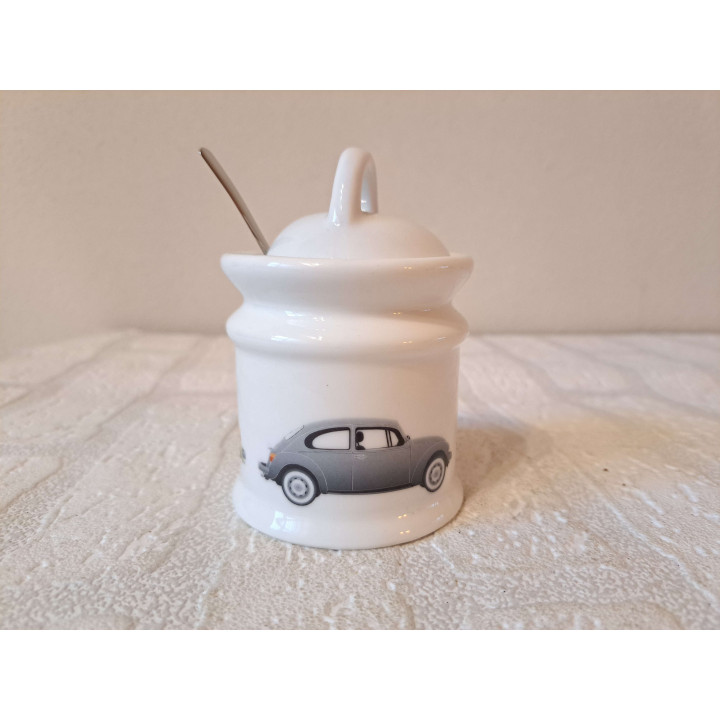 Suikerpot met lepel met Volkswagen kever, porselein D7xH10cm - handgemaakt