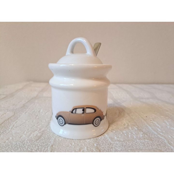 Suikerpot met lepel met Volkswagen kever, porselein D7xH10cm - handgemaakt