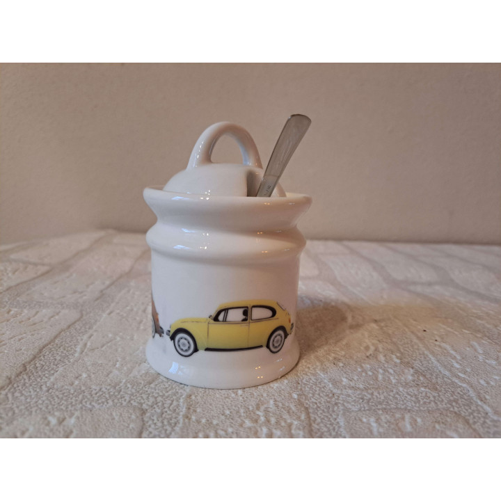 Suikerpot met lepel met Volkswagen kever, porselein D7xH10cm - handgemaakt