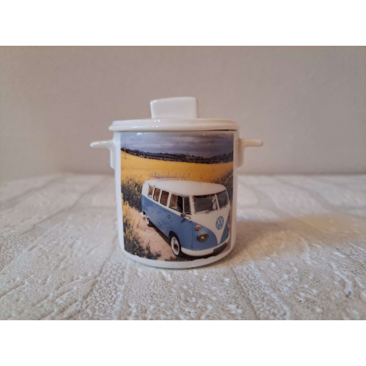 Suikerpotje met Volkswagen bus foto, porselein D7xH8cm - handgemaakt