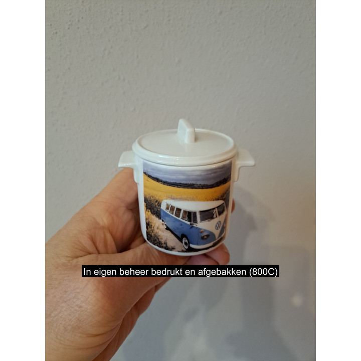 Suikerpotje met Volkswagen bus foto, porselein D7xH8cm