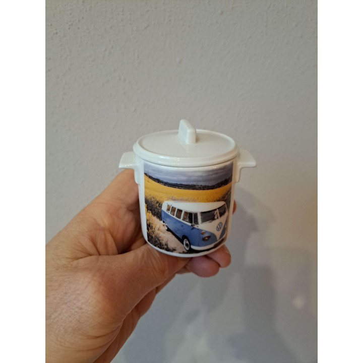 Suikerpotje met Volkswagen bus foto, porselein D7xH8cm - handgemaakt