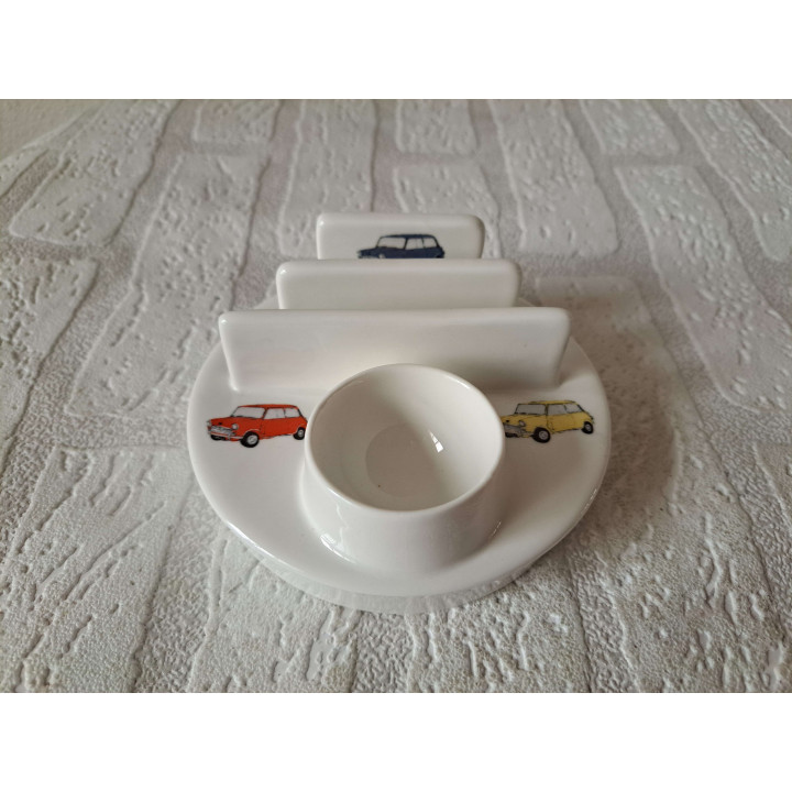 Eierdopje, toasthouder Mini Cooper 1956, porselein D11.5xH5cm - handgemaakt