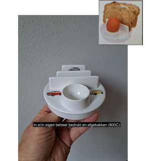 Eierdopje, toasthouder Mini Cooper 1956, porselein D11.5xH5cm