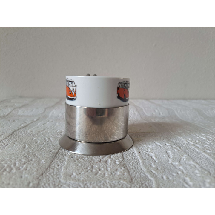 Kop en schotel met oranje Volkswagen bus, porselein D7.5x6cm - handgemaakt
