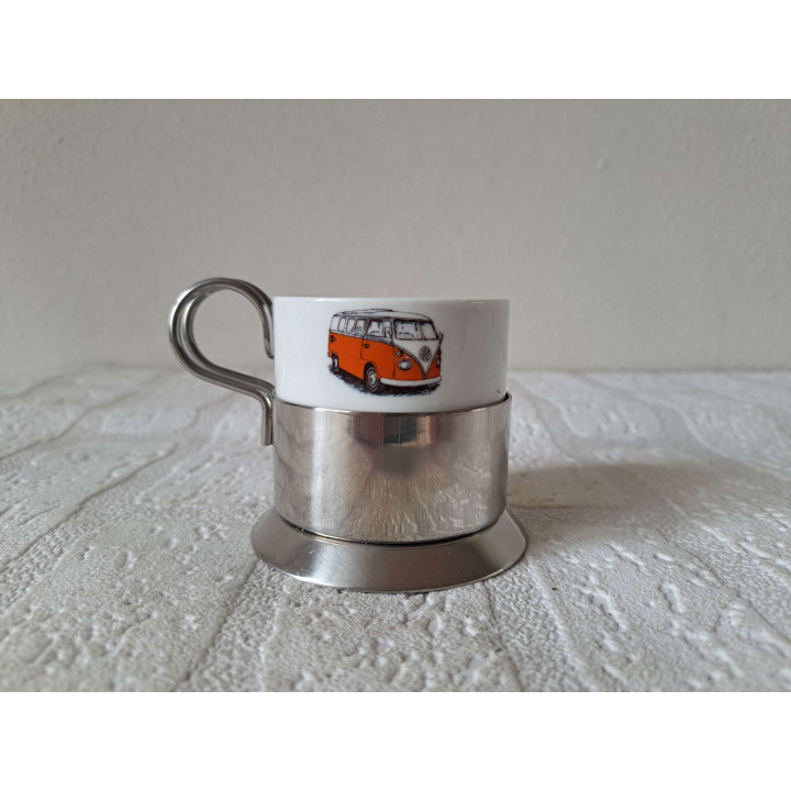 Kop en schotel met oranje Volkswagen bus, porselein D7.5x6cm - handgemaakt