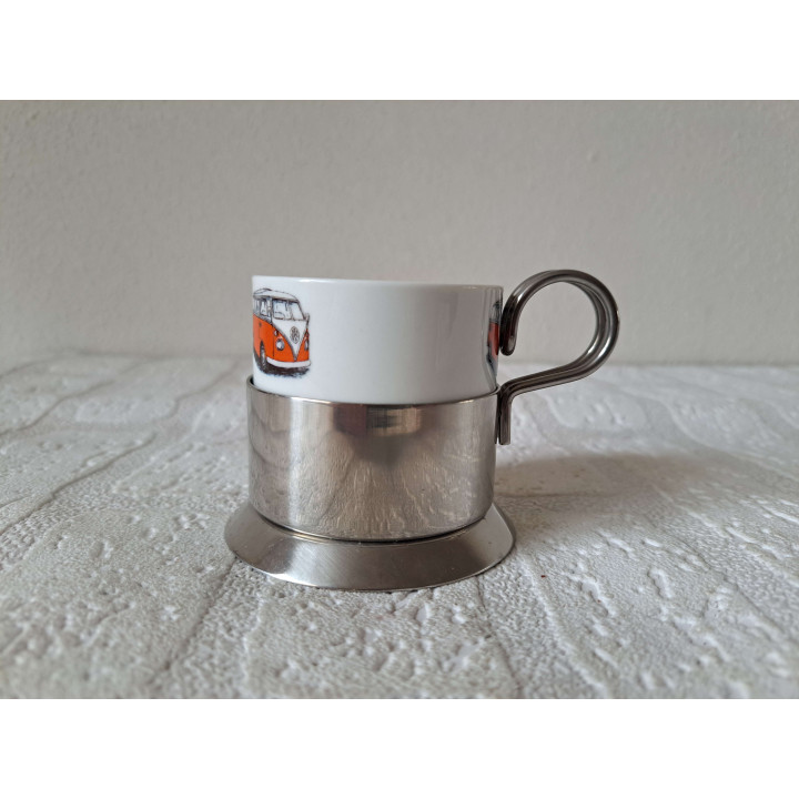 Kop en schotel met oranje Volkswagen bus, porselein D7.5x6cm - handgemaakt