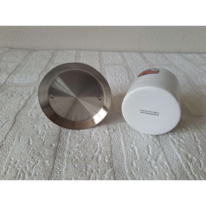 Kop en schotel met oranje Volkswagen bus, porselein D7.5x6cm - handgemaakt