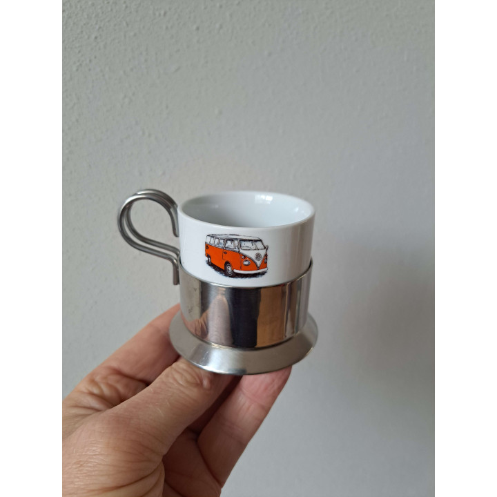 Kop en schotel met oranje Volkswagen bus, porselein D7.5x6cm - handgemaakt