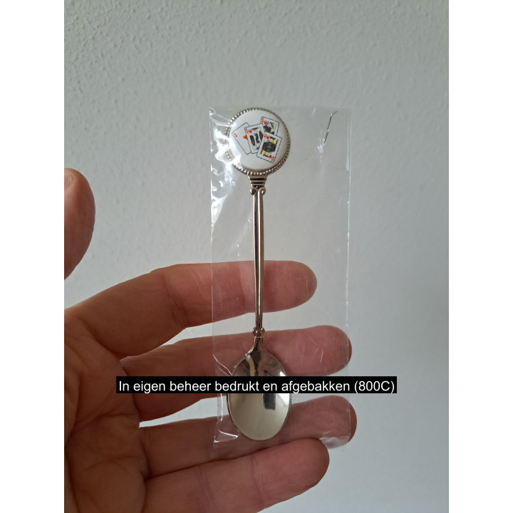 Theelepeltje rode Speelkaarten, metaal - porselein 2x11.5cm - Verzamelobject