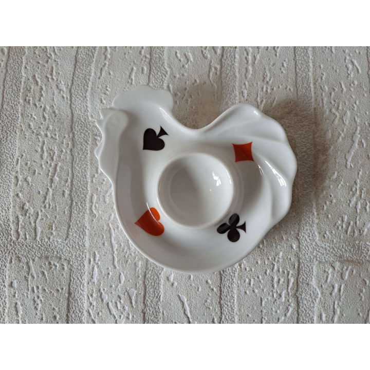 Kip eierdop met Speelkaarten symbolen, porselein 13x12x2.5cm - handgemaakt