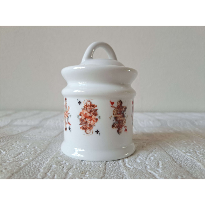 Suikerpot met Jokers Speelkaarten, porselein D7xH10cm - handgemaakt