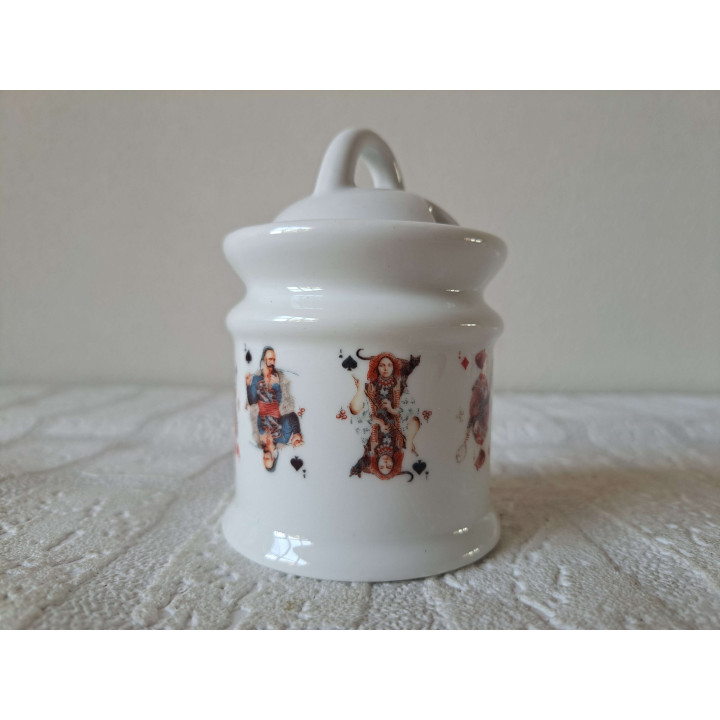 Suikerpot met Jokers Speelkaarten, porselein D7xH10cm - handgemaakt