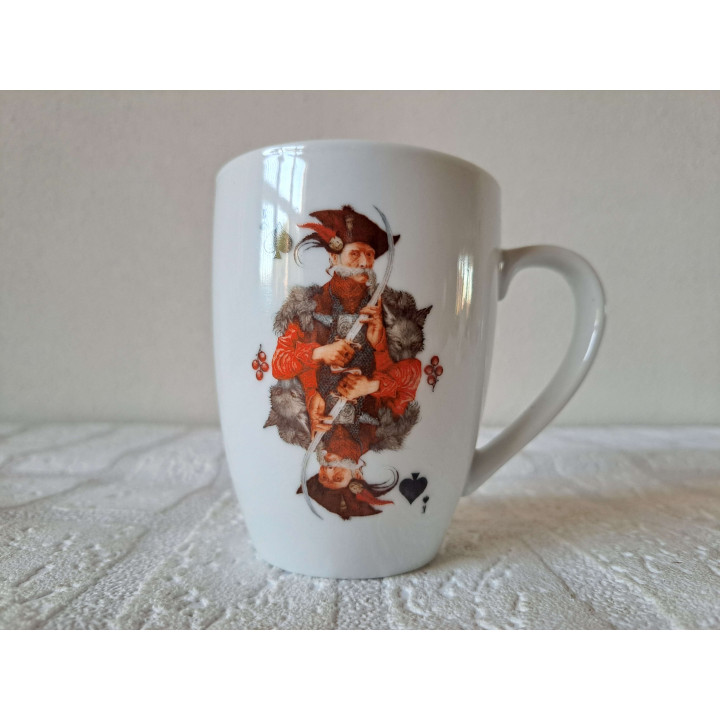 Mok beker met Joker speelkaart schoppen, Porselein D8xH10cm - handgemaakt