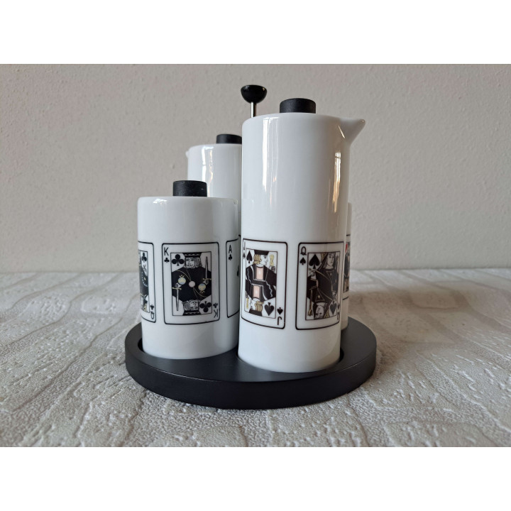 Peper, zout, olie, azijn speelkaarten, porselein D16.5 - handgemaakt