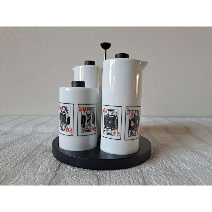 Peper, zout, olie, azijn speelkaarten, porselein D16.5 - handgemaakt