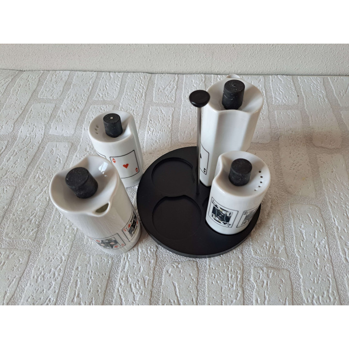 Peper, zout, olie, azijn speelkaarten, porselein D16.5 - handgemaakt