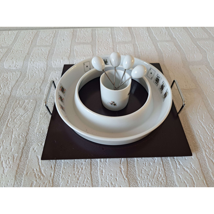 Serveerschaal en prikkers speelkaarten, porselein D19.5xH3cm - handgemaakt