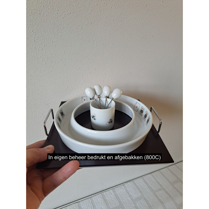 Serveerschaal en prikkers speelkaarten, porselein D19.5xH3cm